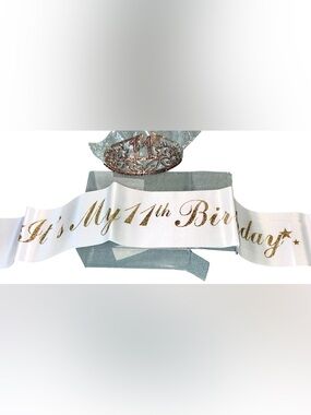 11th Birthday Rose Gold Tiara and Gold Sash Party Set